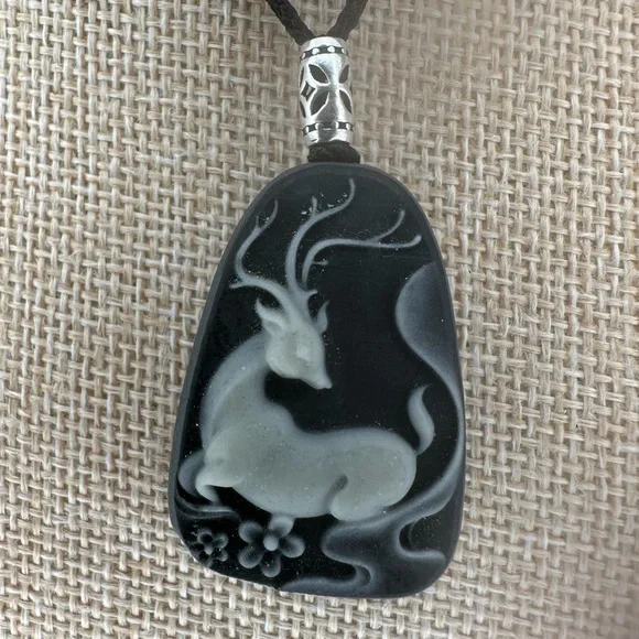 Tai Chi Stone Deer Pendant Necklace, Sterling Silver Accent on Adjustable Rope - Picture 1 of 9